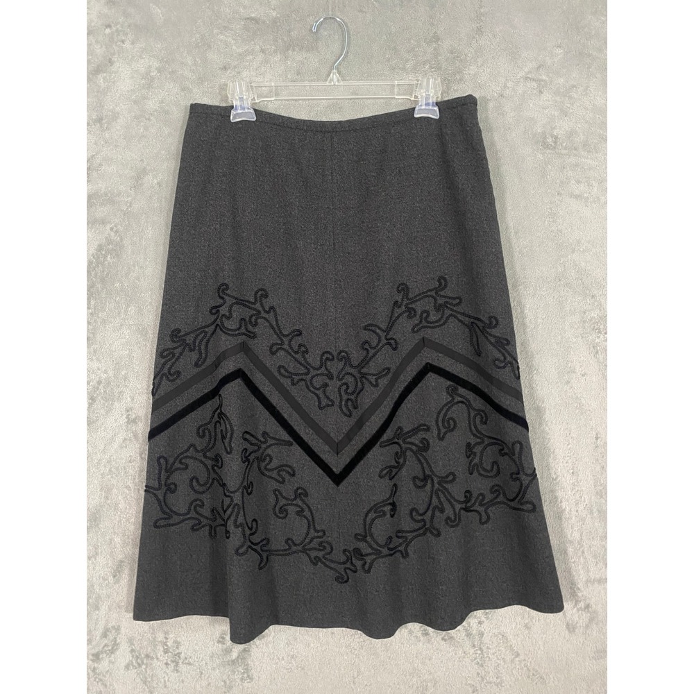 Ann Taylor LOFT Skirt Sz 12 Gray Embroidered Wool Blend Velvet Midi Ornate Goth